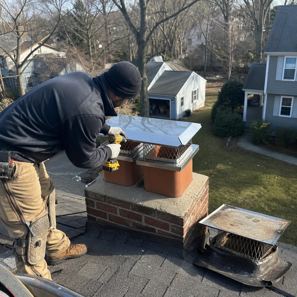 Technician installing a new stainless steel chimney cap on a brick chimney. in Annapolis, MD