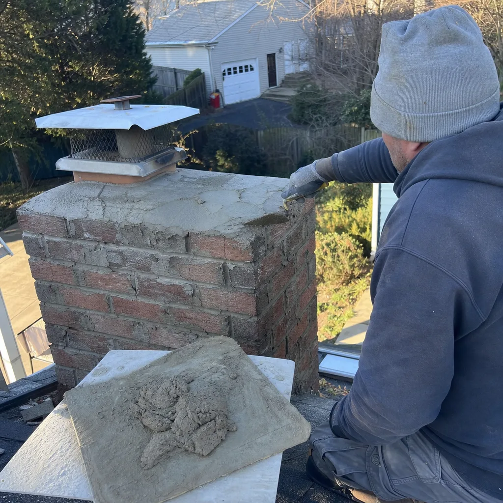 Professional technician performing brick chimney repair and mortar crown restoration