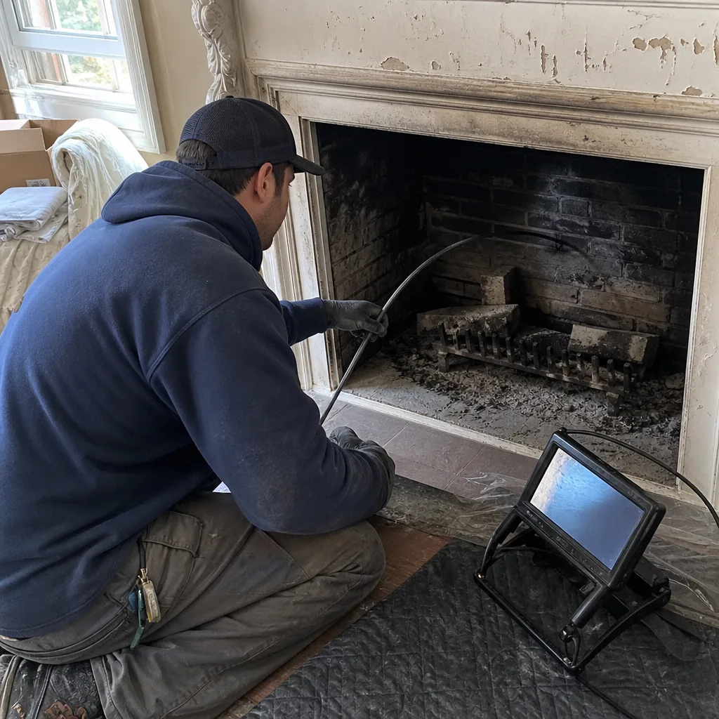 Technician using a chimney inspection camera inside a residential fireplace.
