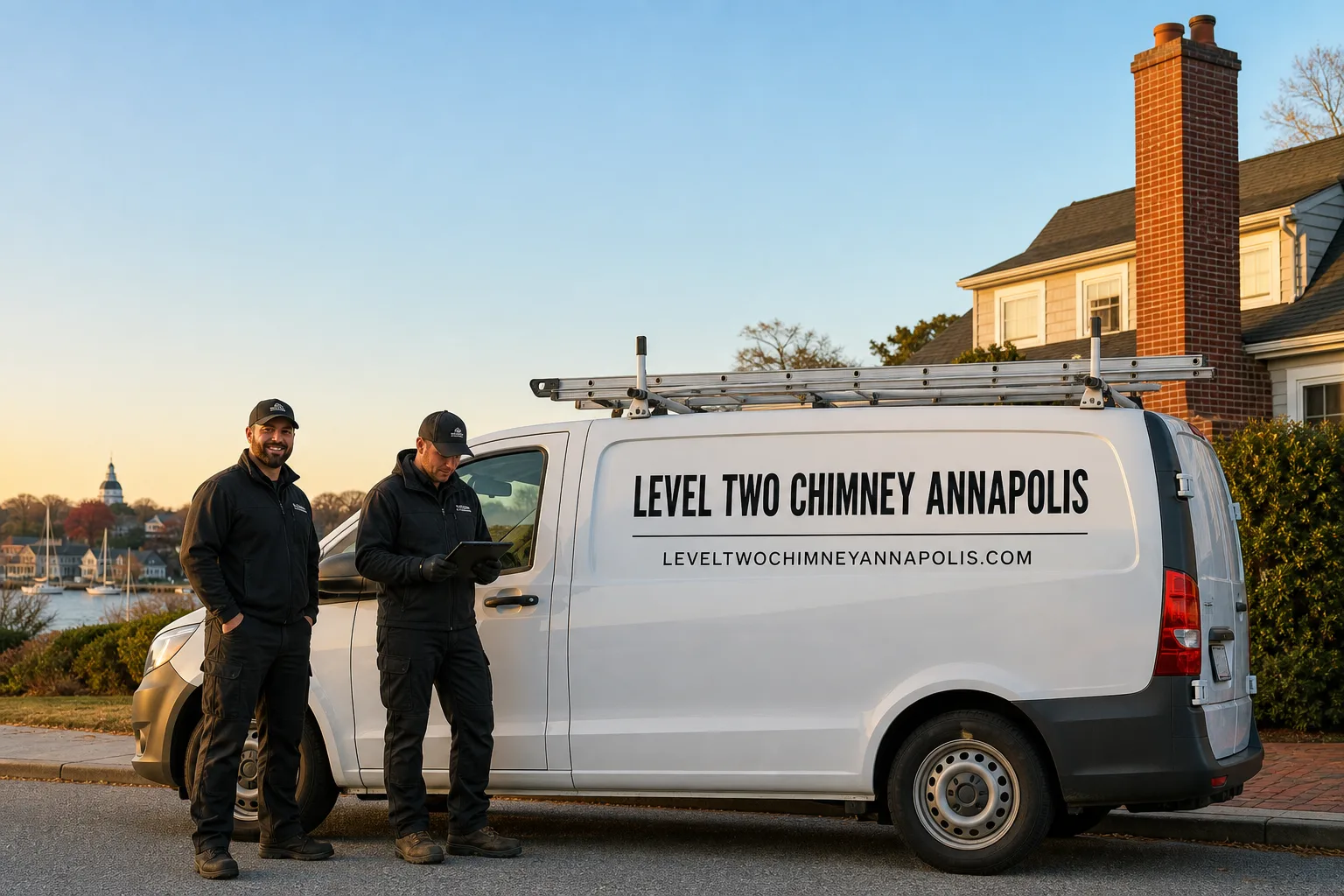 Emberly Chimney Cleaners Annapolis chimney cleaning service vehicle and crew in Annapolis, MD